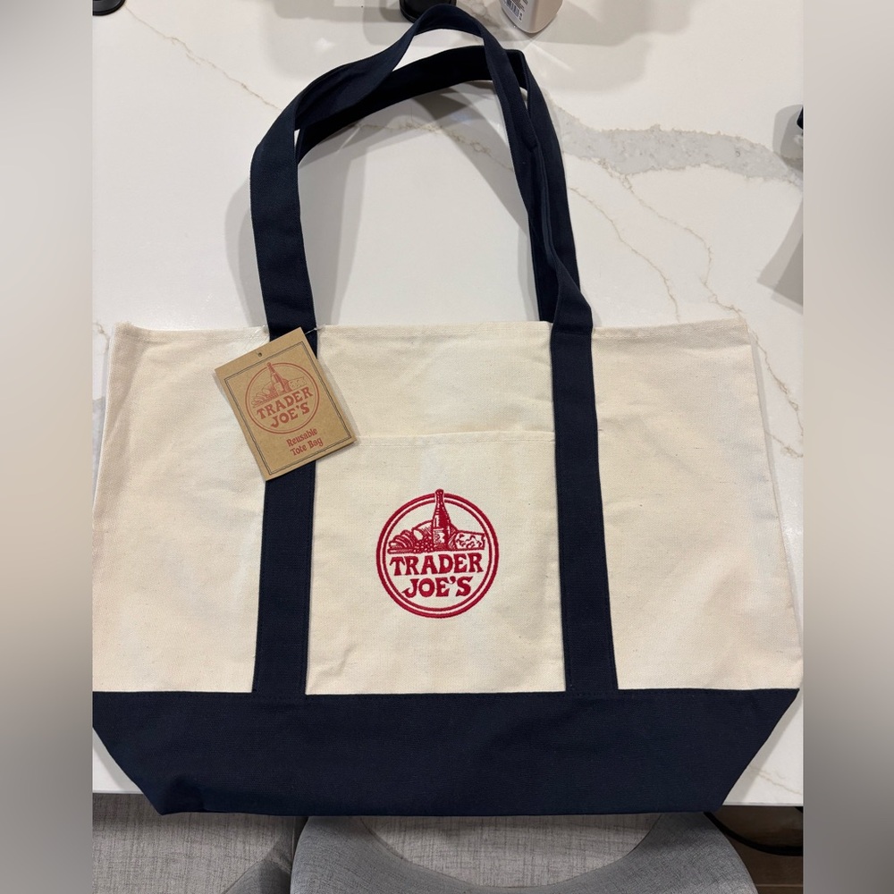 Trader Joes Tote Bag Navy Blue Canvas Large 20” x 15” NWT